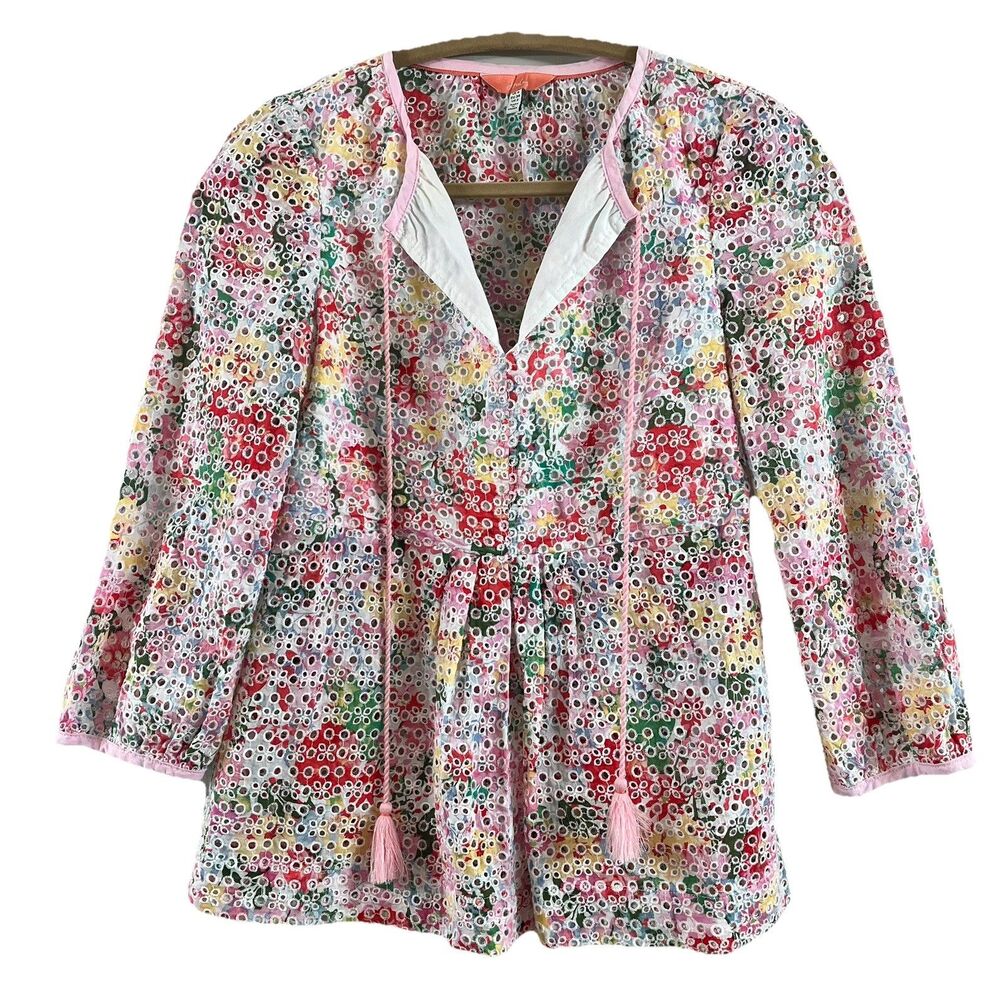 Joules Floral Eyelet Embroidered Blouse Sz 2 Colorful Cottagecore Chic Preppy
